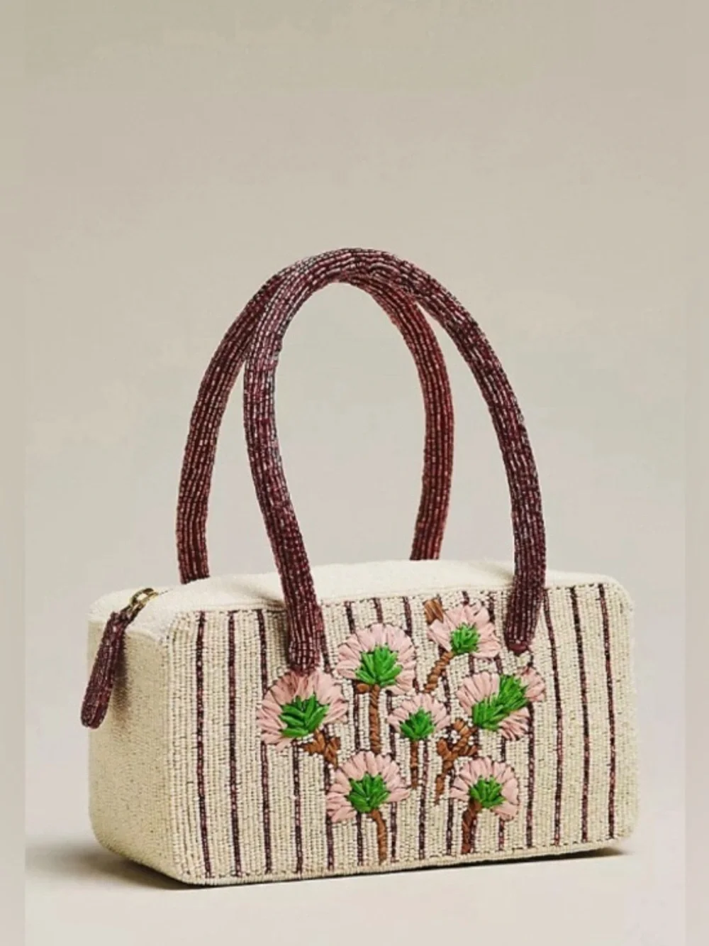 NWT new Anthropologie beaded box shaped bag purse floral cream burgundy stripe
